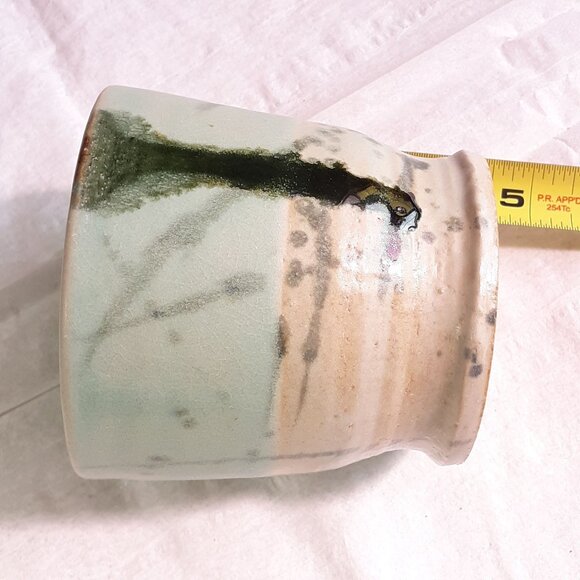 Handmade Ceramic Planter with Abstract Green & Beige Glaze - Picture 8 of 9